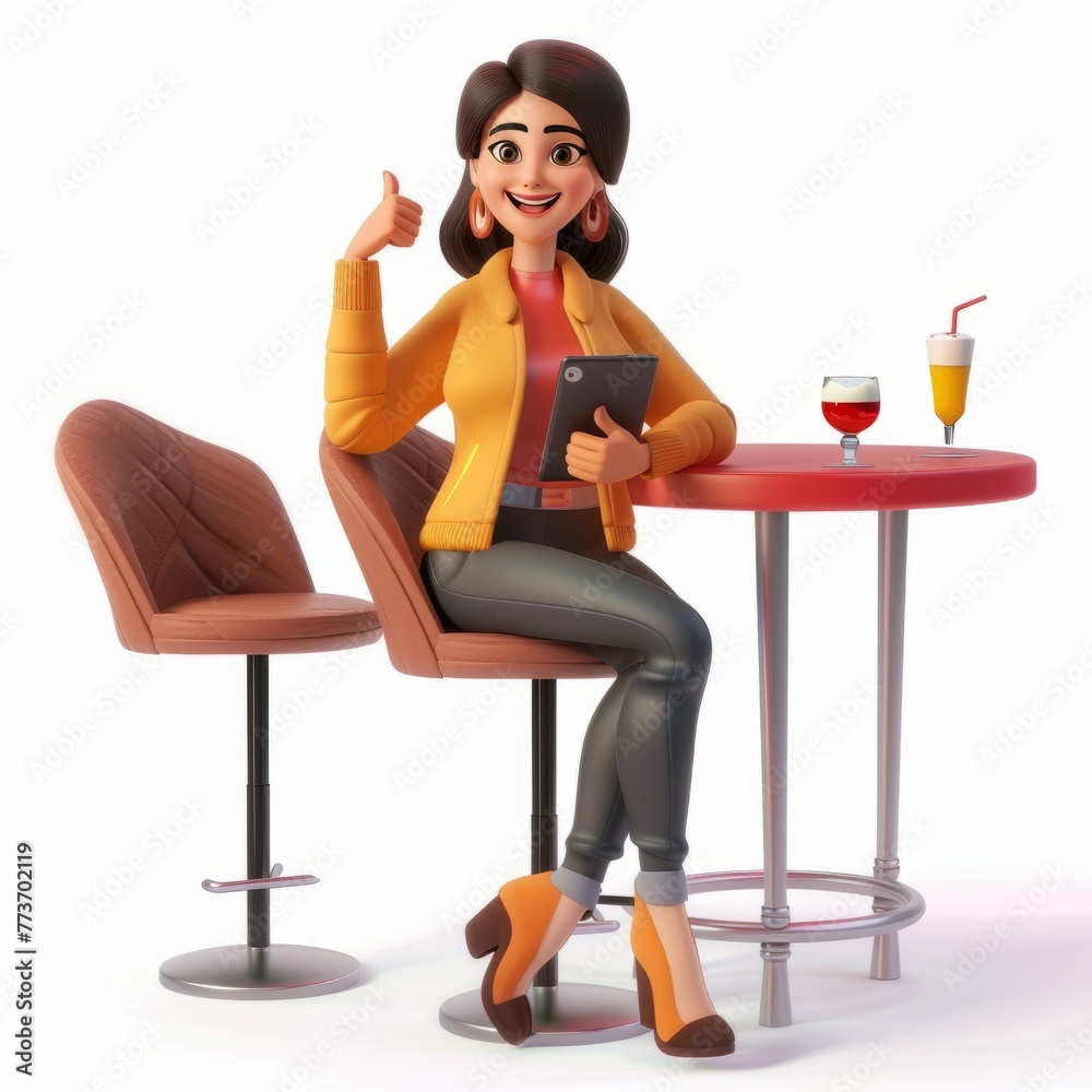3D Render of a stylish cartoon woman sitting at a bar, ordering drinks on a tablet and showing a thumbs up, on isolated white background, Generative AI 3D Render of a stylish cartoon woman sitting at a bar, ordering drinks on a tablet and showing a thumbs up, on isolated white background, Generative AI