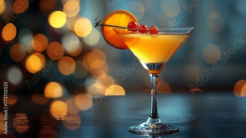   An orange cocktail, garnished with cherries, rests atop a table beneath a book of lights © Shanti