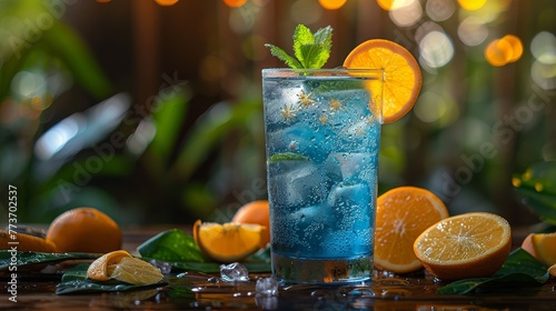  Glass with blue liquid, orange slices, and mint on table under lights