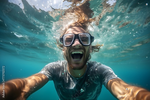 Smiling man snorkeling swimming towards camera, underwater