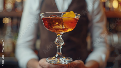  A close-up photo of someone clutching a wine glass with a beverage inside and a slice of orange perched on the edge
