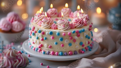  White frosted cake decorated with pink, blue sprinkles and lit candles