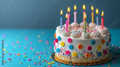   A colorful birthday cake with white frosting on a blue table  adorned with sprinkles and confetti