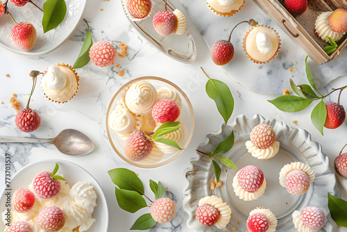 An Array of Creative and Mouth-watering Lychee Dessert Recipes Displayed on a White Marble Table