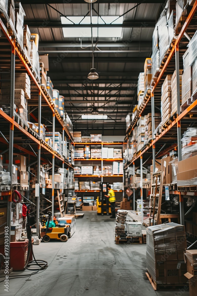 An organized warehouse with shelves of neatly arranged goods, forklifts moving inventory, and workers managing the logistics, Generative AI An organized warehouse with shelves of neatly arranged goods, forklifts moving inventory, and workers managing the logistics, Generative AI