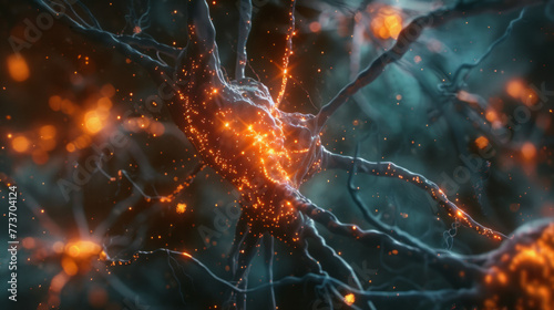 An intricate network of neurons lit up, symbolizing complex brain activities photo