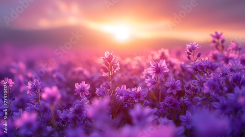   A field full of purple flowers with the sun setting in the background behind them in the foreground photo