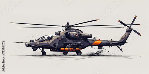 Illustration of Black Military Helicopter in Mid Journey Airplane flying in the cloudy sky watercolor illustration takes off from the airport runway during.AI Generative