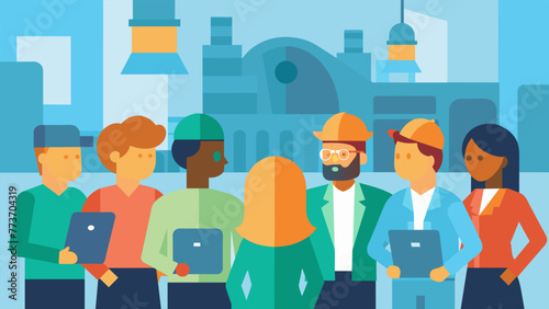 An image of a group of workers gathered around a prototype each one contributing their unique perspectives and insights. The blurred background
