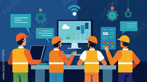 A group of engineers surrounded by computer screens yzing data and adjusting settings on industrial equipment. Thanks to 5G connectivity these