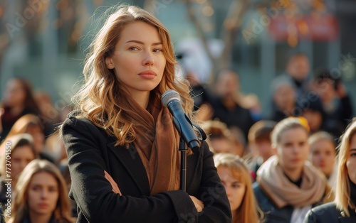Pensive woman with microphone in front of audience. A contemplative young woman holds a microphone, poised before an attentive crowd