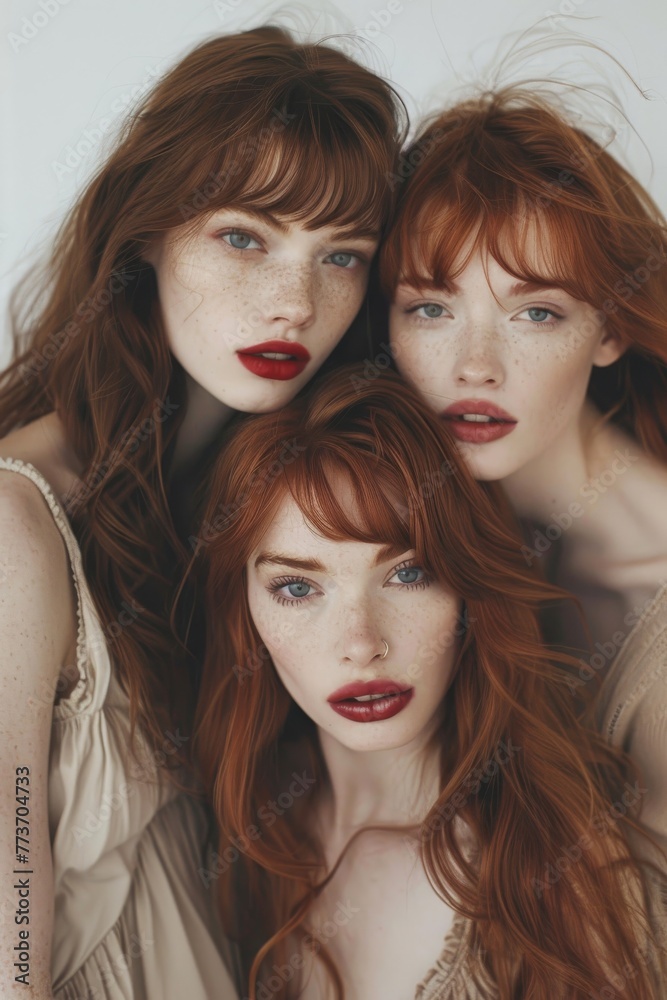 Redheaded models posing with intense looks. Four redheaded models with contrasting red lips and piercing gazes convey intense emotions and style Redheaded models posing with intense looks. Four redheaded models with contrasting red lips and piercing gazes convey intense emotions and style