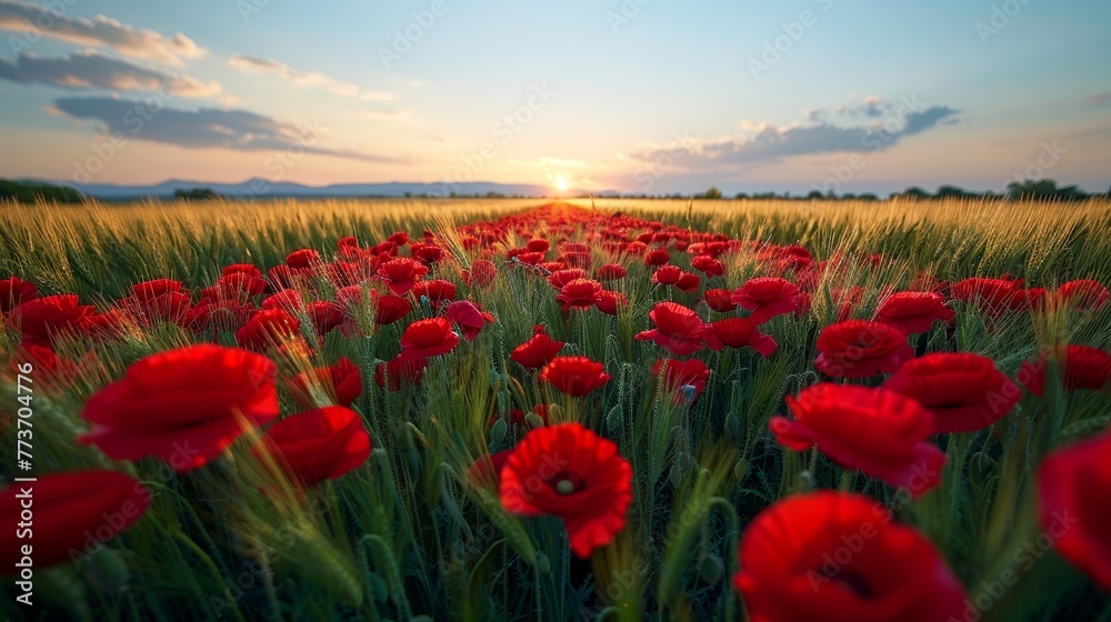   A red-flowered field bathed in sunlight