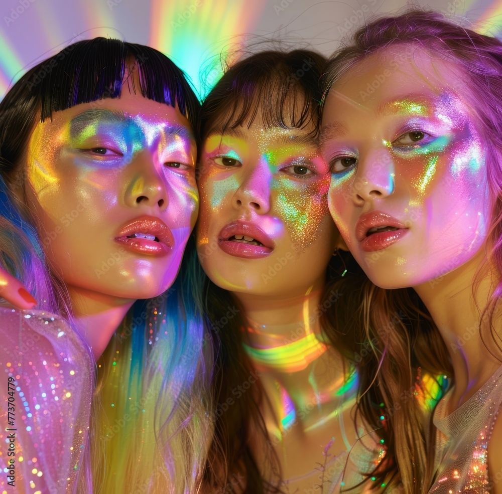 Obraz premium Fantasy makeup models under colorful lights. Models with fantasy makeup glow under radiant, colorful neon lights, portraying a dreamlike beauty