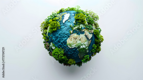 3d illustration of planet earth with various greenery and forests on the top, white background, copy space for text, generative ai