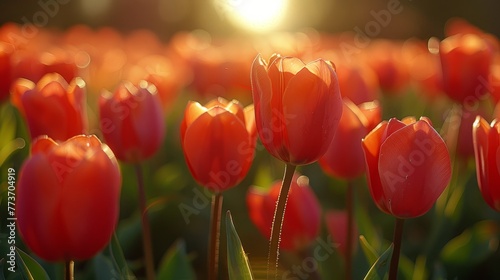   A field full of vibrant red tulips bathed in sunlight filtering through the cloudy sky in the background #773704919