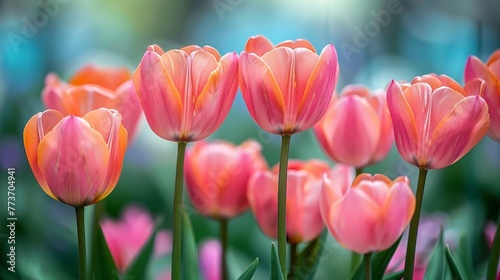   A field of pink tulips with a blurred orange and pink backdrop