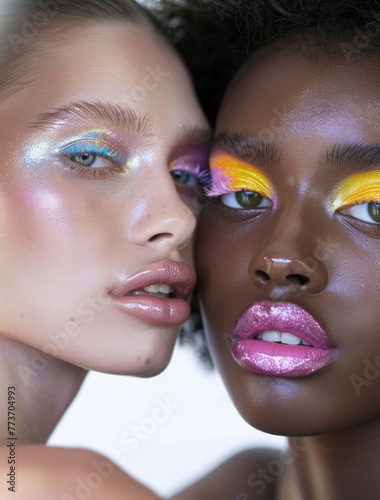 Dual-tone makeup on diverse models close-up. Dual-tone makeup artfully applied on two diverse models in a striking beauty close-up photo