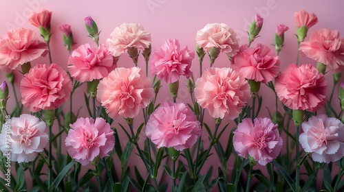   A cluster of pink and white carnations against a pink backdrop  framed by a pink wall in the background
