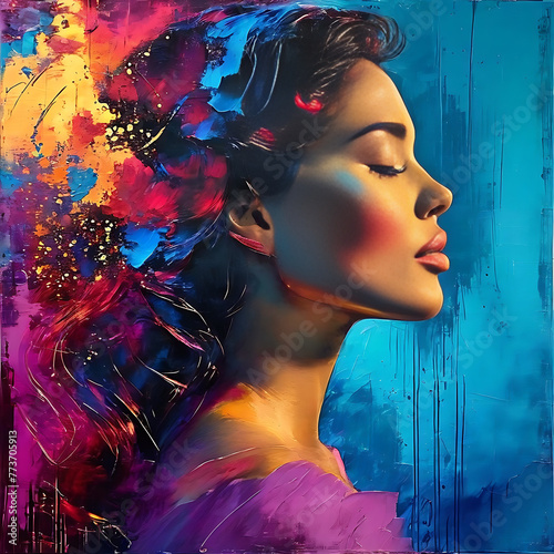 In a world where colors tell stories, capture the essence of a side-profile portrait brought to life through vibrant hues. The subject's face is partially obscured, with only the delicate outline visi photo