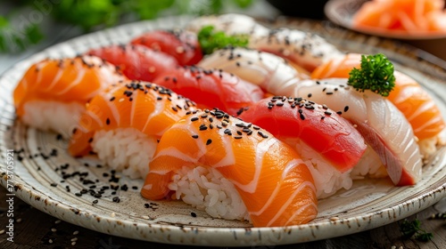  A plate of sushi garnished with sesame seeds
