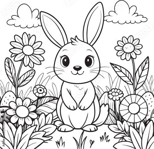 Cute cartoon bunny sitting among flowers.  illustration for kids coloring book. photo