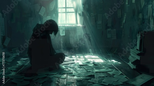 A person sitting alone in a dimly lit room, face obscured by shadows, surrounded by scattered papers and personal items, conveying a sense of overwhelming despair.
