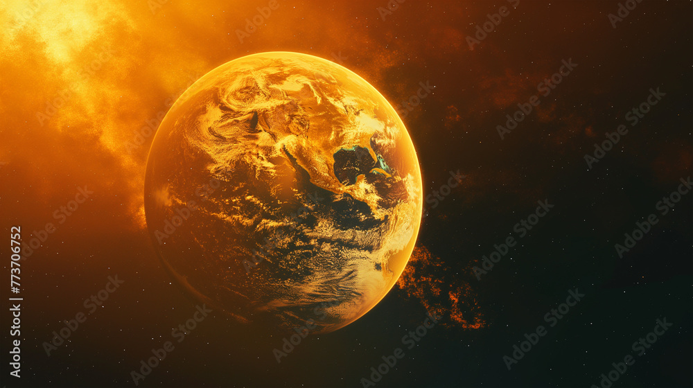 Planet Earth in outer space. Orange color tone. 3D illustration. Global warming concept.