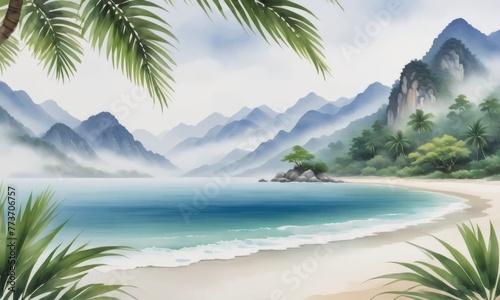 A defocused summer background of a beach with palm leaves in the corners, suitable for product placement or copy space