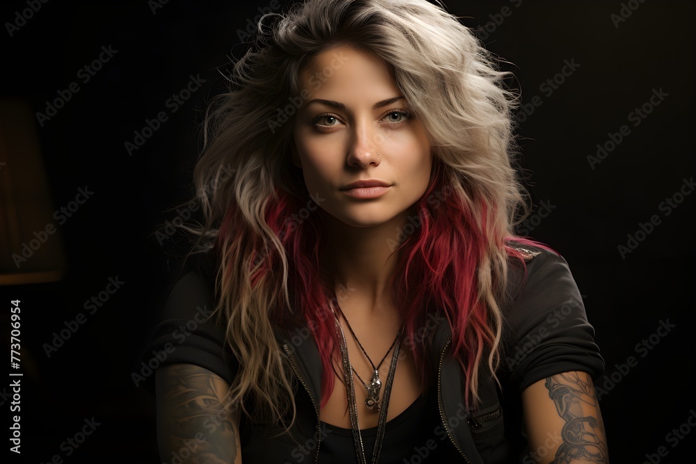 a punk rocker girl, 47 years old, long color hair, tanker girl style