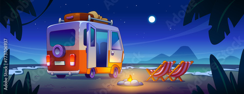 Night campfire on sea tropical coast with rv car. Camp motorhome journey to ocean in summer. Bonfire in wild summer scene design. Palm tree and stars in sky lifestyle vacation landscape panorama