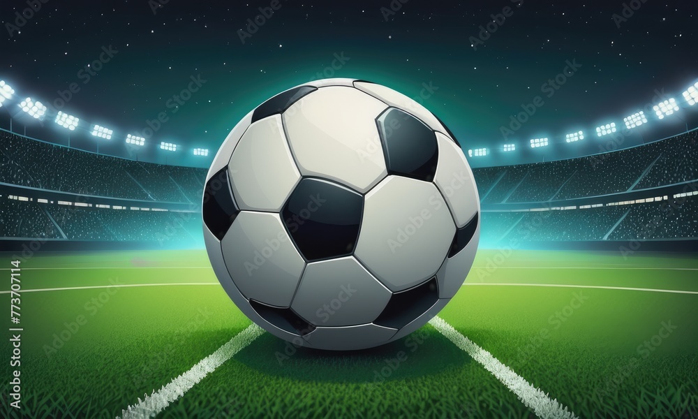 Obraz premium A football ball rests on the grass of a stadium football field, illuminated by lights at night