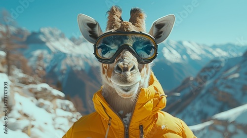  A photo of a llama with a yellow jacket and goggles against a snowy mountain backdrop