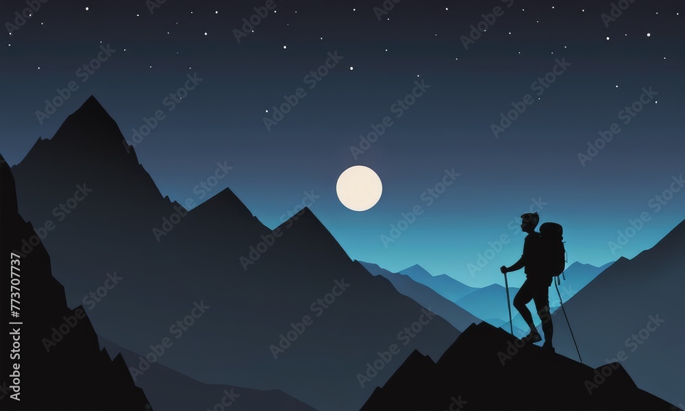 A lone hiker treks through the darkness, their silhouette against the backdrop of a mountain peak