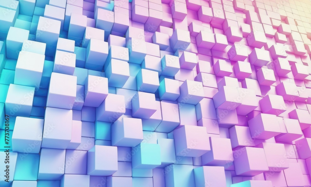 A 3D rendering of a background featuring a wall made up of random grid cubes, with a gradient effect adding depth and visual interest A 3D rendering of a background featuring a wall made up of random grid cubes, with a gradient effect adding depth and visual interest