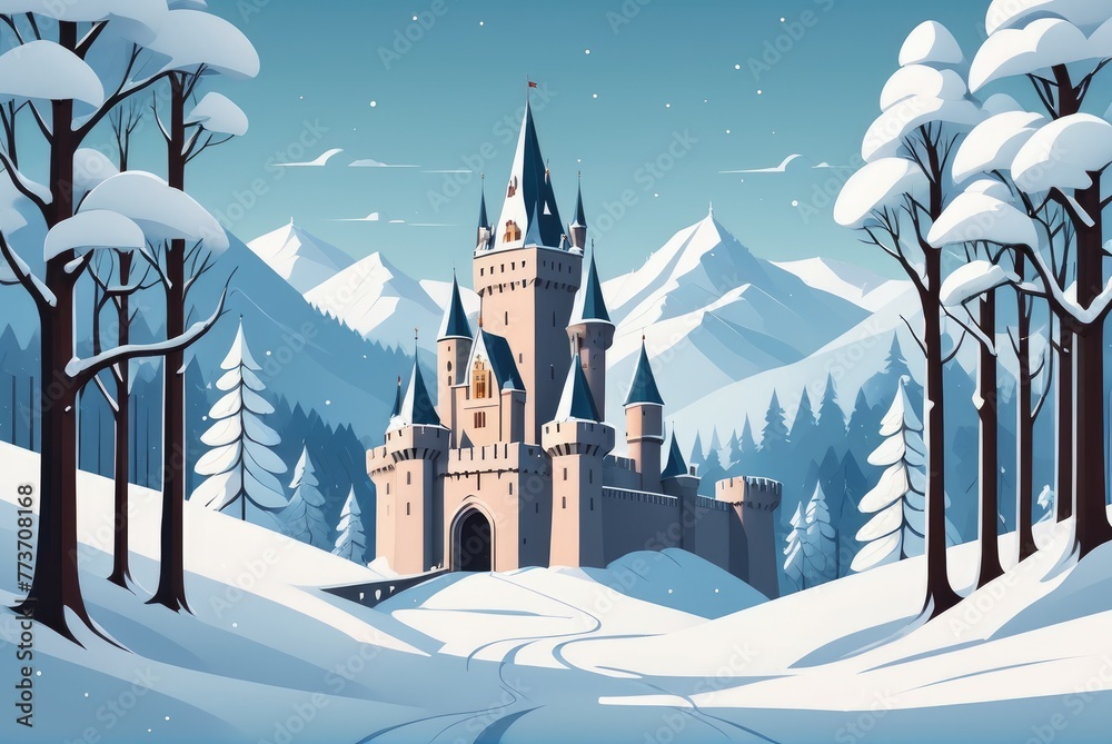 Winter cartoon fairytale landscape with royal castle in forest covered with snow vector landscape of medieval fortress with gate and towers surrounded - obrazy, fototapety, plakaty 