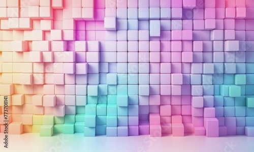 A 3D rendering of a background featuring a wall made up of random grid cubes, with a gradient effect adding depth and visual interest