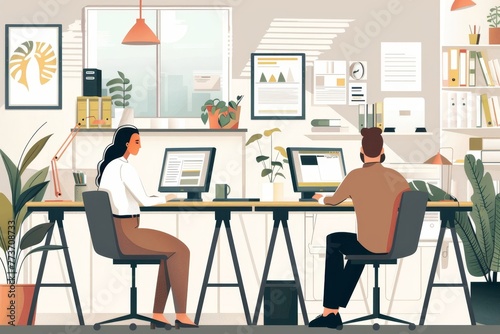 Portrait of success business people working together in home office. Couple teamwork startup concept, Generative AI