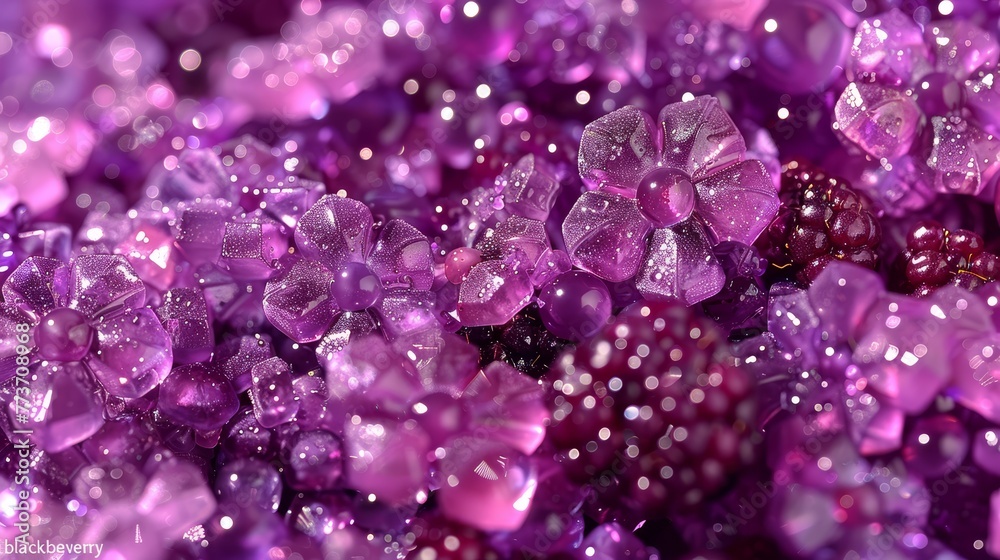   A close-up of a group of purple rocks with droplets of water on top and a berry in the center of the image