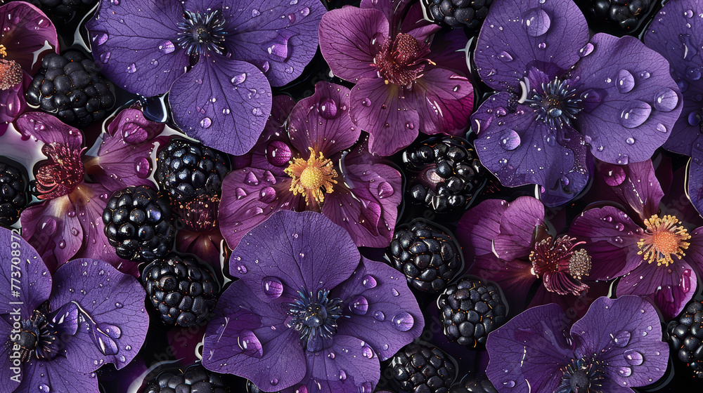   A cluster of purple blossoms featuring blackberries and raspberries surrounded by water-kissed petals - obrazy, fototapety, plakaty 