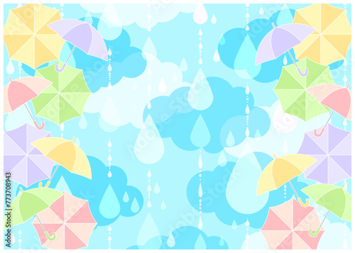 梅雨、傘、空、背景、イラスト、かわいい、横型