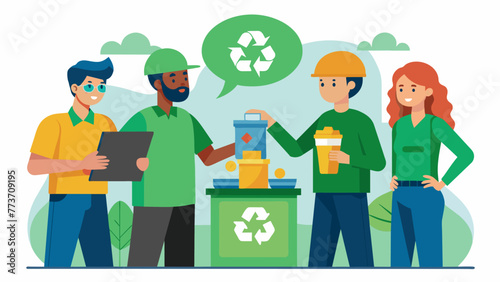 A team of engineers and designers examining a prototype made from recycled materials discussing ways to optimize its design for maximum