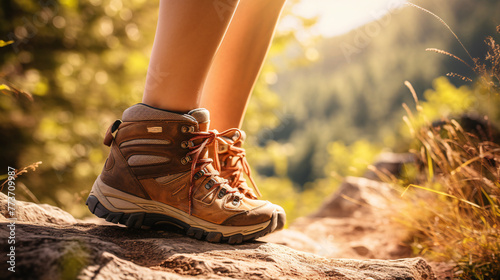 Hiker enjoying autmn forest , close up photograpy mountain outdors activity - Close up of feet in hiking boots walking through autumn forest photo