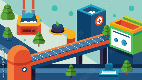 A closeup of a conveyor belt sorting and recycling various materials illustrating the microfactorys dedication to a circular economy.