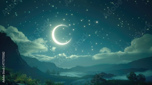 night sky with a crescent moon and shining stars