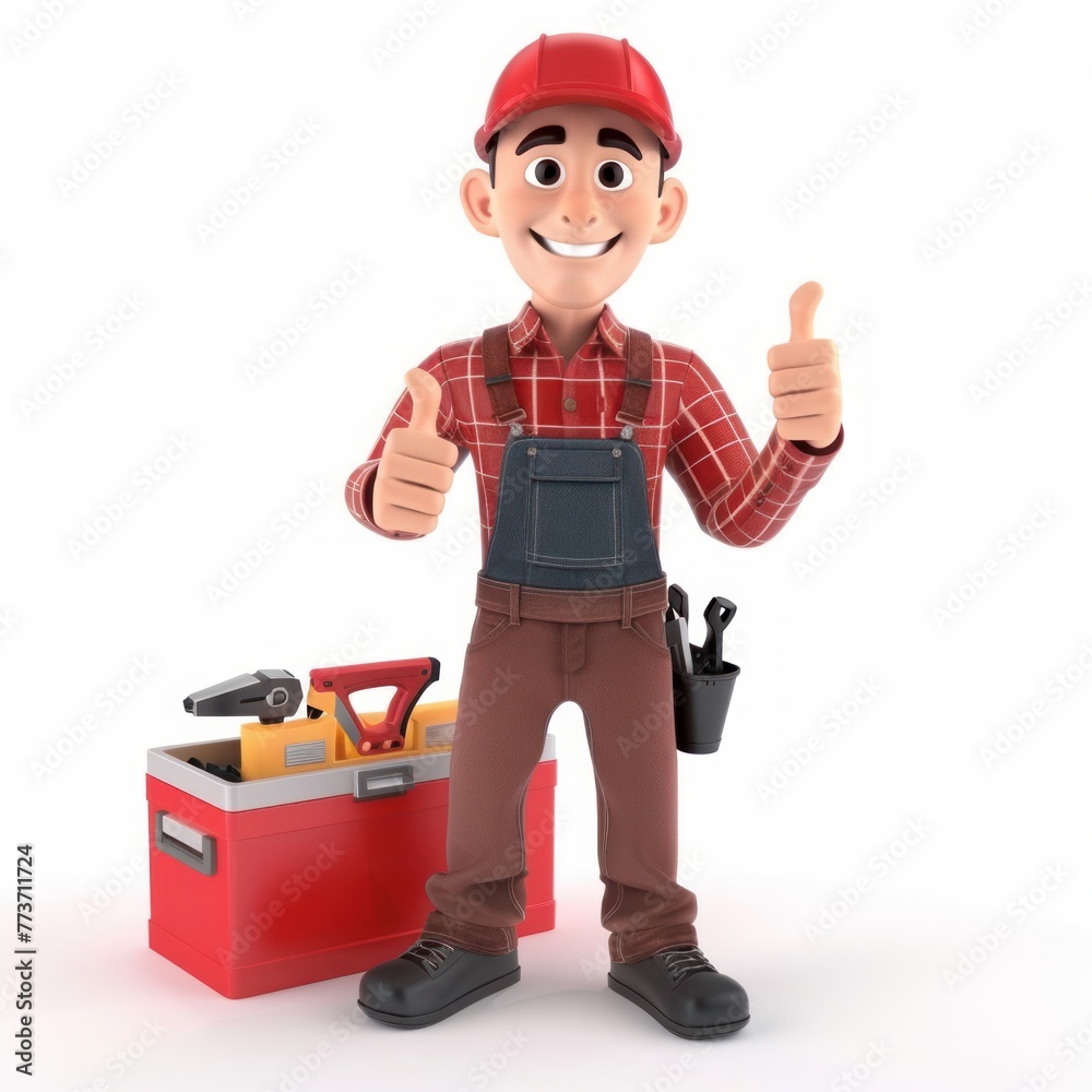 D Render of a confident handyman giving a thumbs-up while holding a toolbox, indicating readiness for any repair job, on isolated white background, Generative AI D Render of a confident handyman giving a thumbs-up while holding a toolbox, indicating readiness for any repair job, on isolated white background, Generative AI