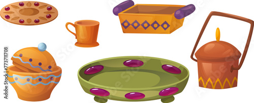 Vintage arab utensils set isolated on white background. Vector cartoon illustration of traditional clay cup, plate, tray decorated with oriental ornament, restaurant or home kitchen design elements
