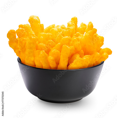 Corn snacks cheesy in Black bowl isolated on white background, Puff corn or Corn puffs cheese flavor on white With clipping path.