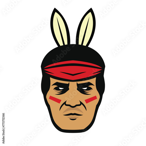 Native american indian chief man with feather in people profile. Tribal apache head graphic vector illustration. Ethnic tradition cherokee headdress face art design