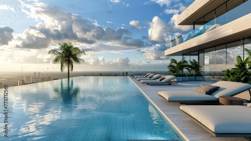 A stylish rooftop pool with infinity edges, sleek lounge chairs, and panoramic views of a modern skyline stretching out to the horizon. photo